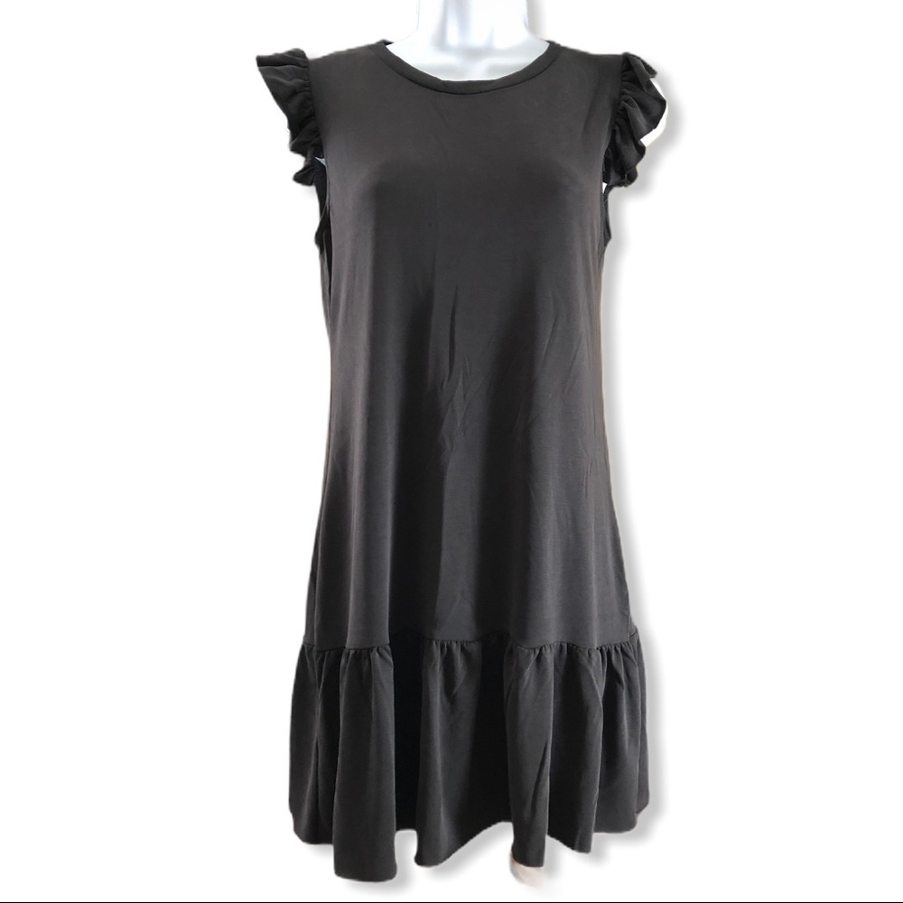 Raw Edge Hem Soft Stretch Ruffle Sleeve Dress
